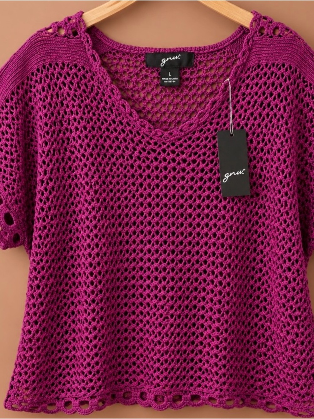 Gnu Magenta Open Knit Crochet Sweater Top Size L NWT